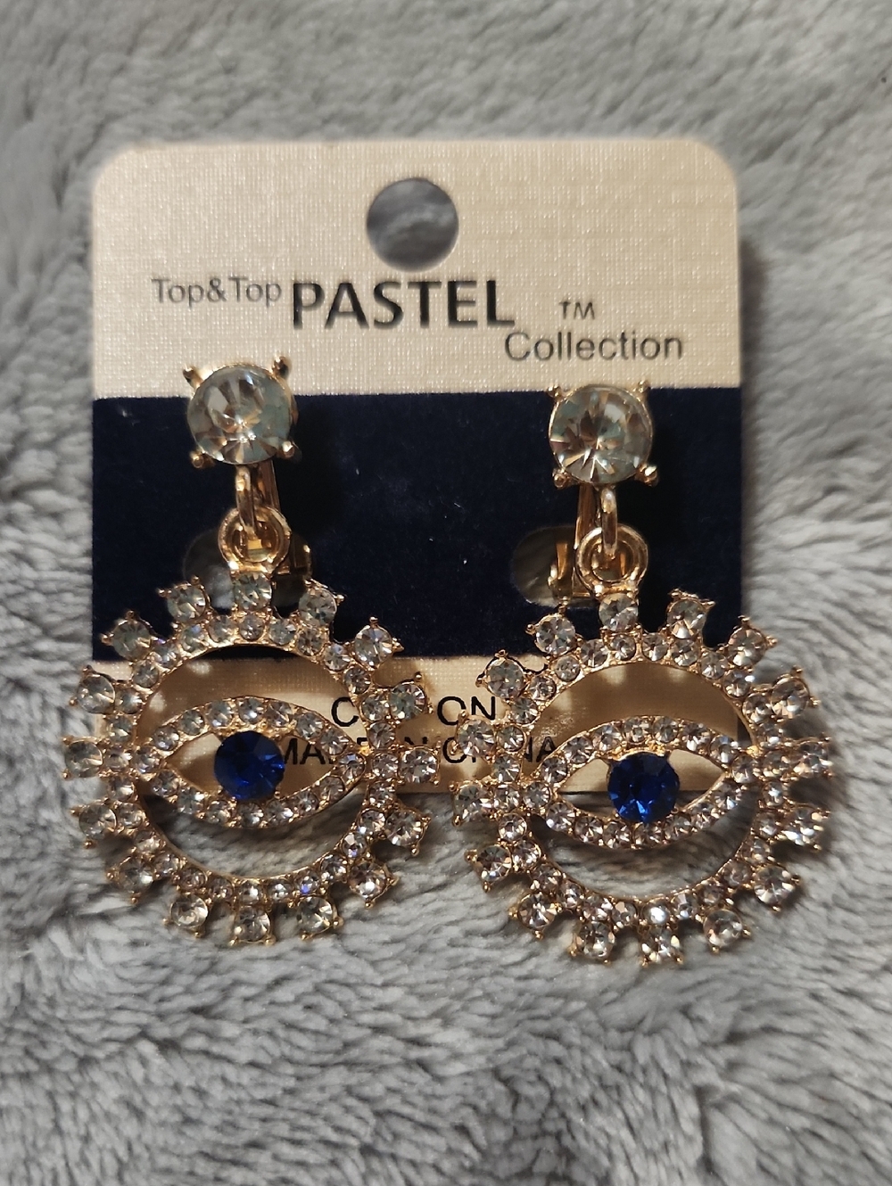 Gold-Tone Earrings with Blue Crystal Center- Third Eye Design